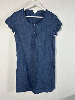 J.Jill Pure Jill Womens Blue Linen Scoop Neck Short Sleeve Shift Dress XS Casual